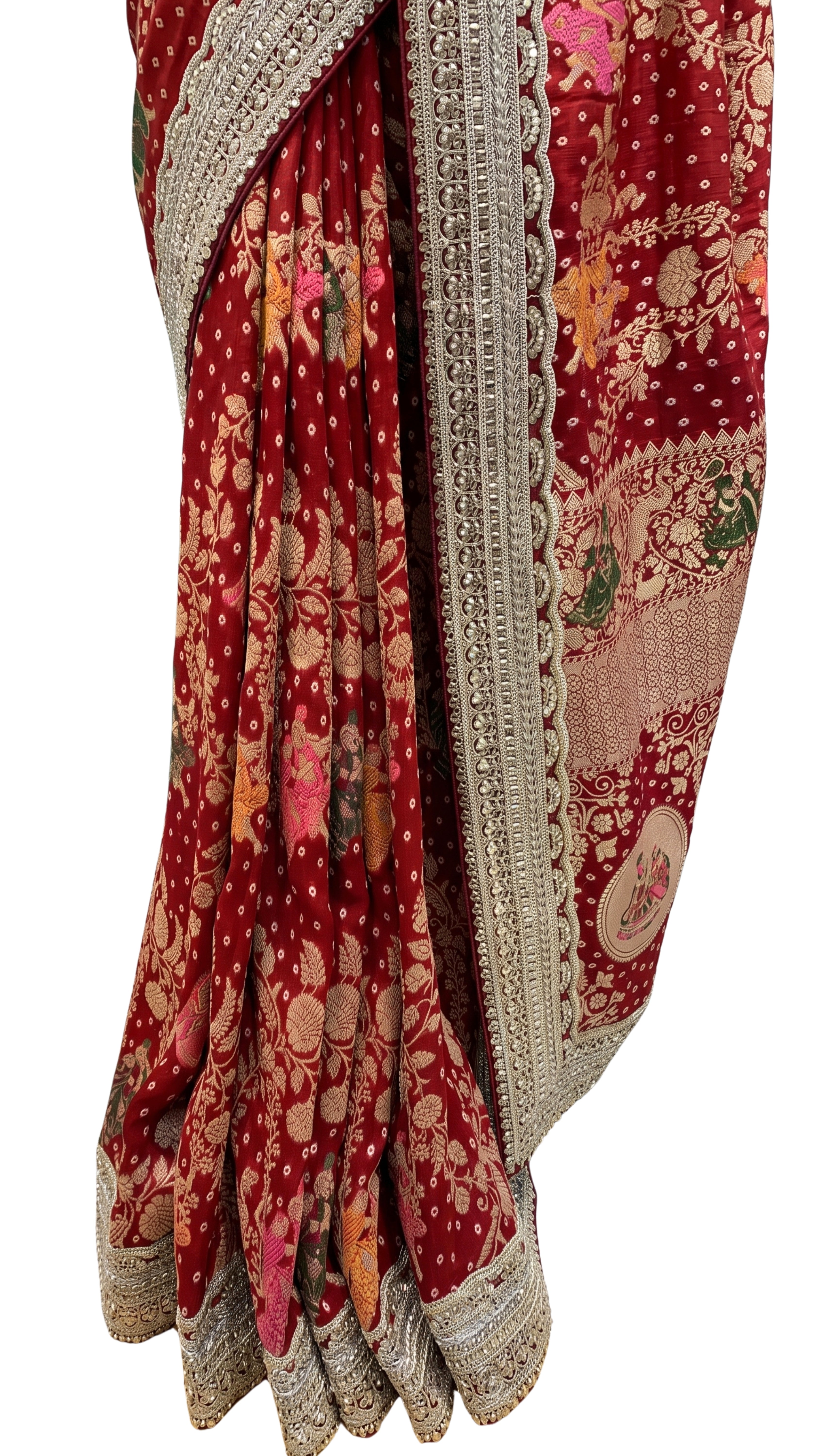 Red Georgette Unstitched Saree with Zari, Cutdana & Sequins Work and Heavy Lace Border